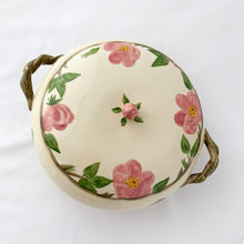 Load image into Gallery viewer, Sweet vintage &quot;Desert Rose&quot; covered vegetable hand painted with pink roses, green leaves and brown branches around the rim of the lid with pink rose finial. The bowl has two branch handles. Produced by Franciscan, England, between 1985 - 2003 with impressed maker&#39;s marks.  In excellent vintage condition, free from chips/cracks/repairs. One tiny spot of glaze loss on one of the handles, see photos.  Measures 6-3/4&quot; x 4-1/4&quot;
