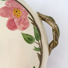 Load image into Gallery viewer, Sweet vintage &quot;Desert Rose&quot; covered vegetable hand painted with pink roses, green leaves and brown branches around the rim of the lid with pink rose finial. The bowl has two branch handles. Produced by Franciscan, England, between 1985 - 2003 with impressed maker&#39;s marks.  In excellent vintage condition, free from chips/cracks/repairs. One tiny spot of glaze loss on one of the handles, see photos.  Measures 6-3/4&quot; x 4-1/4&quot;
