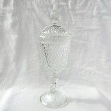 Load image into Gallery viewer, Vintage Clear Diamond Point Glass Lidded Lid Apothecary Jar Covered Urn by Indiana Glass Co. Luminous Sparkly Candy Nuts Catchall Vanity Dresser Cotton Balls Bath Bomb Glassware Tableware Home Decor Shabby Chic Flea Market Style Housewares Serving Elegant Bowl Trinket Flower Floral Bouquet Bath Salts Apothecary Jar Freelton Hamilton Antique Mall Community Shop Store Toronto Canada Seller Reseller Christmas Chanukah Hanukkah Holiday Shopping Ideas Small Local Business Woman Owned Women
