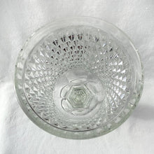 Load image into Gallery viewer, Vintage Clear Diamond Point Glass Lidded Lid Apothecary Jar Covered Urn by Indiana Glass Co. Luminous Sparkly Candy Nuts Catchall Vanity Dresser Cotton Balls Bath Bomb Glassware Tableware Home Decor Shabby Chic Flea Market Style Housewares Serving Elegant Bowl Trinket Flower Floral Bouquet Bath Salts Apothecary Jar Freelton Hamilton Antique Mall Community Shop Store Toronto Canada Seller Reseller Christmas Chanukah Hanukkah Holiday Shopping Ideas Small Local Business Woman Owned Women
