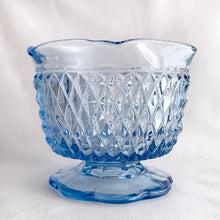 Load image into Gallery viewer, Vintage &quot;Diamond Point Ice Blue&quot; mayonnaise bowl. Produced by the Indiana Glass Company, USA. Perfect for condiments, candy or nuts. Also could be used to elevate an office desk as an accessory to hold paper clips.  In excellent condition, no chips or cracks.  Measures 3 1/4 x 3 5/8 inches   
