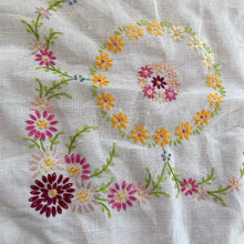 Load image into Gallery viewer, Lovely vintage ecru/off-white square linen tablecloth. Each corner of the tablecloth is  hand embroidered with a colourful floral motif in shades of pink, yellow, blue, purple and green and the perimeter has an intricate white crochet border. Use as intended or repurpose the border or embroidery in other projects.  In great vintage condition, free from tears or stains.  Measures 38-1/2&quot; x 38-1/2&quot;
