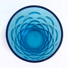 Load image into Gallery viewer, Vintage &quot;Eldorado&quot; pattern ten ounce flat tumbler glass in electric blue. Also knows as the optic dot pattern. Produced by Hazel-Atlas Glass, circa 1968. Classic drinking glasses from the 60s in a gorgeous colour!  Measures 2 7/8 x 5 1/8 inches  Capacity 10 ounces
