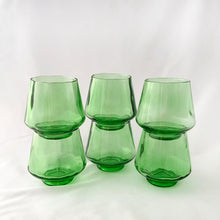 Load image into Gallery viewer, Ya Baby! This set of six emerald green mid century vintage flared cocktail or wine glasses are spectacular! Made in Italy, circa 1960s. Your bar cart will be the star of the show.....cheers!  In excellent condition, no chips or cracks.  Measures 3 x 3 1/4 inches
