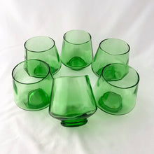 Load image into Gallery viewer, Ya Baby! This set of six emerald green mid century vintage flared cocktail or wine glasses are spectacular! Made in Italy, circa 1960s. Your bar cart will be the star of the show.....cheers!  In excellent condition, no chips or cracks.  Measures 3 x 3 1/4 inches
