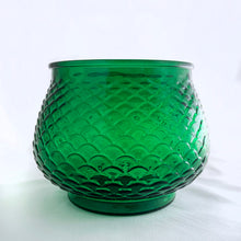 Load image into Gallery viewer, Vintage emerald green pressed glass round planter or vase with a sweet inverted fish scale pattern. A great piece of mid-century glass made by the EO Brody Glass Company, USA. Circa 1960s. Perfect to use as a planter or pair it with a flower frog to make beautiful arrangements. Could also be used as a candy bowl.  In excellent condition, no chips or cracks.  Measures 5 1/4 x 4 3/4 inches
