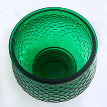 Load image into Gallery viewer, Vintage emerald green pressed glass round planter or vase with a sweet inverted fish scale pattern. A great piece of mid-century glass made by the EO Brody Glass Company, USA. Circa 1960s. Perfect to use as a planter or pair it with a flower frog to make beautiful arrangements. Could also be used as a candy bowl.  In excellent condition, no chips or cracks.  Measures 5 1/4 x 4 3/4 inches
