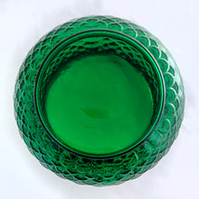 Load image into Gallery viewer, Vintage emerald green pressed glass round planter or vase with a sweet inverted fish scale pattern. A great piece of mid-century glass made by the EO Brody Glass Company, USA. Circa 1960s. Perfect to use as a planter or pair it with a flower frog to make beautiful arrangements. Could also be used as a candy bowl.  In excellent condition, no chips or cracks.  Measures 5 1/4 x 4 3/4 inches
