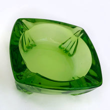 Load image into Gallery viewer, Vintage mid-century art deco style emerald green pressed glass square patio ashtray with stylized foot. Produced by Duncan Miller.  In excellent condition, free from chips/cracks.  Measures approximately 3-1/2&quot; x 1-1/4&quot;

