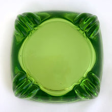 Load image into Gallery viewer, Vintage mid-century art deco style emerald green pressed glass square patio ashtray with stylized foot. Produced by Duncan Miller.  In excellent condition, free from chips/cracks.  Measures approximately 3-1/2&quot; x 1-1/4&quot;
