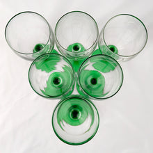 Load image into Gallery viewer, Elegant vintage mod Luminarc emerald green stem/foot with clear blown glass bowl wine goblets, set of six. Produced in France by Cristal d&#39;Arques between 1996 - 2008. We are loving the vibrancy of the stems that will add the perfect pop of colour to any tablescape. Cheers!  In excellent condition free from chips/cracks. Unmarked.  Each glass measures 2 3/4 x 7 5/8 inches
