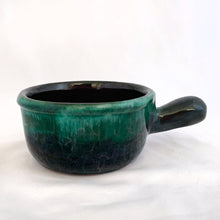 Load image into Gallery viewer, Vintage Green Drip Glaze Handled Soup Bowl Evangeline Ovenware Pottery Tableware Glassware Home Decor Boho Bohemian Shabby Chic Cottage Farmhouse Victorian Mid-Century Modern Industrial Retro Flea Market Style Unique Sustainable Gift Antique Prop GTA Eds Mercantile Hamilton Freelton Toronto Canada shop store community seller reseller vendor lunch dinner cook
