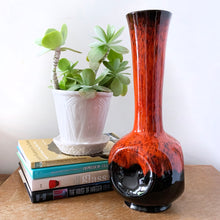 Load image into Gallery viewer, Stunning Evangeline ware orange drip glaze on deep brown base. The shape is a pinched onion bulb extending into a trumpet shape to the lip. Produced by Canuck Pottery in Canada circa 1970.  In excellent condition, free from chips/cracks. Unmarked  Measures 5-3/4&quot; x 14-3/4&quot;
