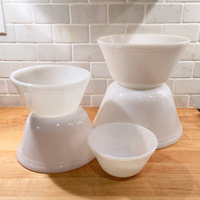 Load image into Gallery viewer, Yeah baby, a full set of five &quot;FEG20&quot; white milk glass mixing ovenware bowls. Produced by the Federal Glass Company. Perfect for mixing, warming, serving and storing!  All bowls are in excellent condition, free from chips or cracks. Five Six Seven Eight Nine Inch
