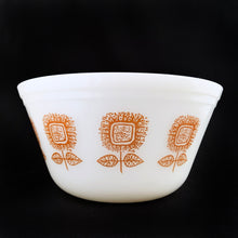 Load image into Gallery viewer, Vintage &quot;FEG21&quot; Gold Sunflower Pattern on 8 Inch White Milk Glass Mixing Bowl, Federal Glass
