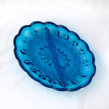 Load image into Gallery viewer, Vintage Two Part Relish Fairfield Laser Blue Anchor Hocking Appetizer Glass Co. Glassware Tableware Rare Serving Entertain Home Decor Boho Bohemian Shabby Chic Cottage Farmhouse Victorian Mid-Century Modern Industrial Retro Flea Market Style Unique Sustainable Gift Antique Prop GTA Eds Mercantile Hamilton Toronto Canada shop store community seller reseller vendor
