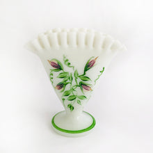 Load image into Gallery viewer, Vintage Fenton Glass Co. Milk Glass Hand Painted Fan Vase Violets Ruffled Crimped Edge Circa 1960 Shabby Chic Flea Market Style Home Decor Unique Art Gift Floral Flower Bouquet wedding shower white Freelton Antique Mall Toronto Canada Centerpiece Centrepiece Pinched Flared Decorating Collectible Collector Unique Gift
