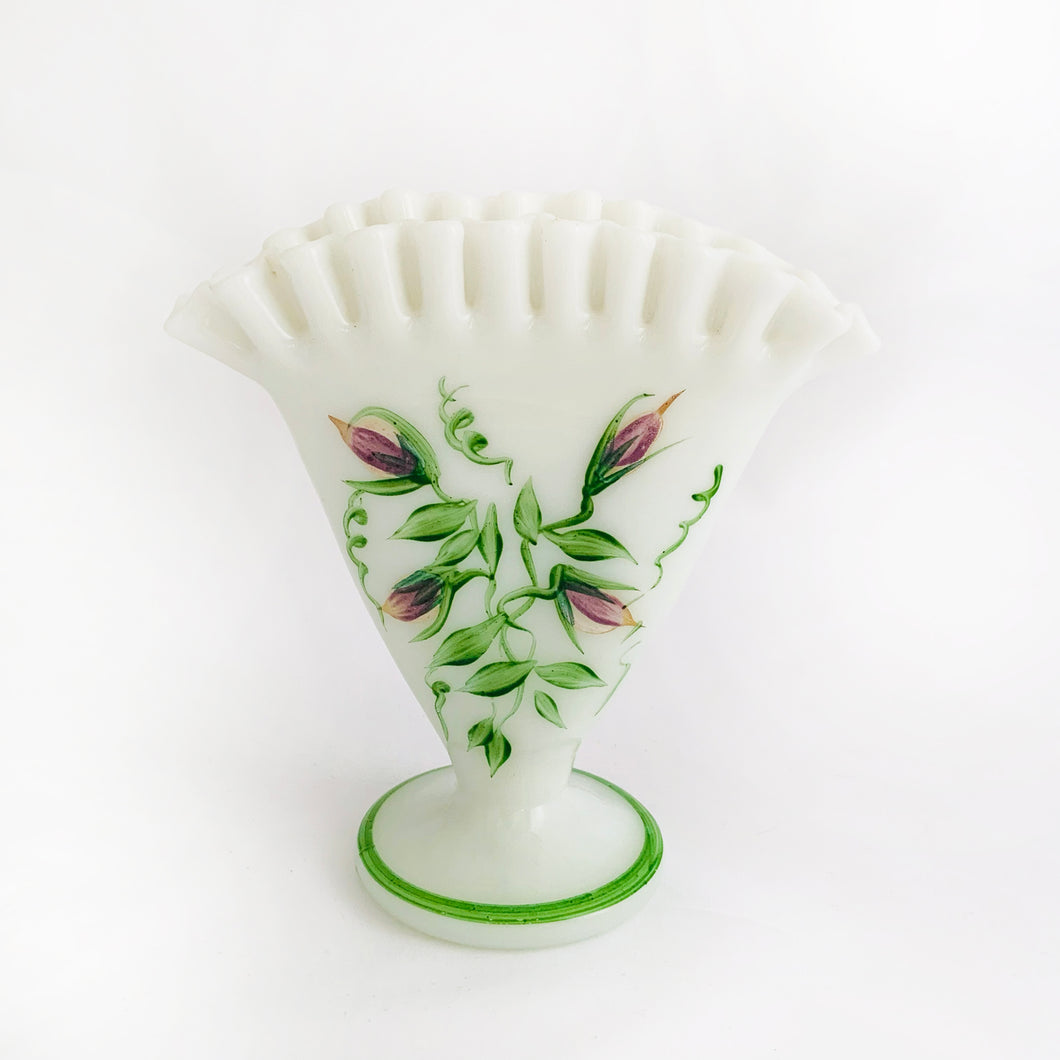Vintage Fenton Glass Co. Milk Glass Hand Painted Fan Vase Violets Ruffled Crimped Edge Circa 1960 Shabby Chic Flea Market Style Home Decor Unique Art Gift Floral Flower Bouquet wedding shower white Freelton Antique Mall Toronto Canada Centerpiece Centrepiece Pinched Flared Decorating Collectible Collector Unique Gift