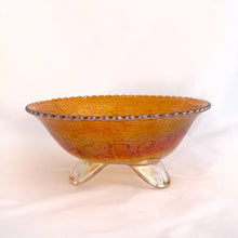 Load image into Gallery viewer, Vintage 1920s Fenton Marigold Carnival Glass Bowl Two Flowers Dogwood Marsh Lily Scalloped Edge Spatulate Foot Shabby Chic Cottage Flea Market Style Home Decor Iridescent Orange Home Decor Shabby Chic Cottage Flea Market Style Unique Sustainable Gift Antique Mall Prop GTA Freelton Hamilton Toronto Canada shop store community seller reseller vendor
