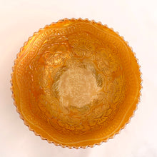 Load image into Gallery viewer, Vintage 1920s Fenton Marigold Carnival Glass Bowl Two Flowers Dogwood Marsh Lily Scalloped Edge Spatulate Foot Shabby Chic Cottage Flea Market Style Home Decor Iridescent Orange Home Decor Shabby Chic Cottage Flea Market Style Unique Sustainable Gift Antique Prop GTA Hamilton Toronto Canada shop store community seller reseller vendor Freelton Mall
