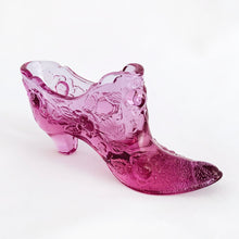 Load image into Gallery viewer, Pretty in pink! This pressed glass shoe is detailed with cabbage roses and even has a stippled bottom just like a real shoe. Produced by the Fenton Glass Company USA.   It&#39;s in excellent condition, no chips or cracks. Unmarked.  Measures 5-3/4&quot; x 1-1/2&quot; x 3&quot;
