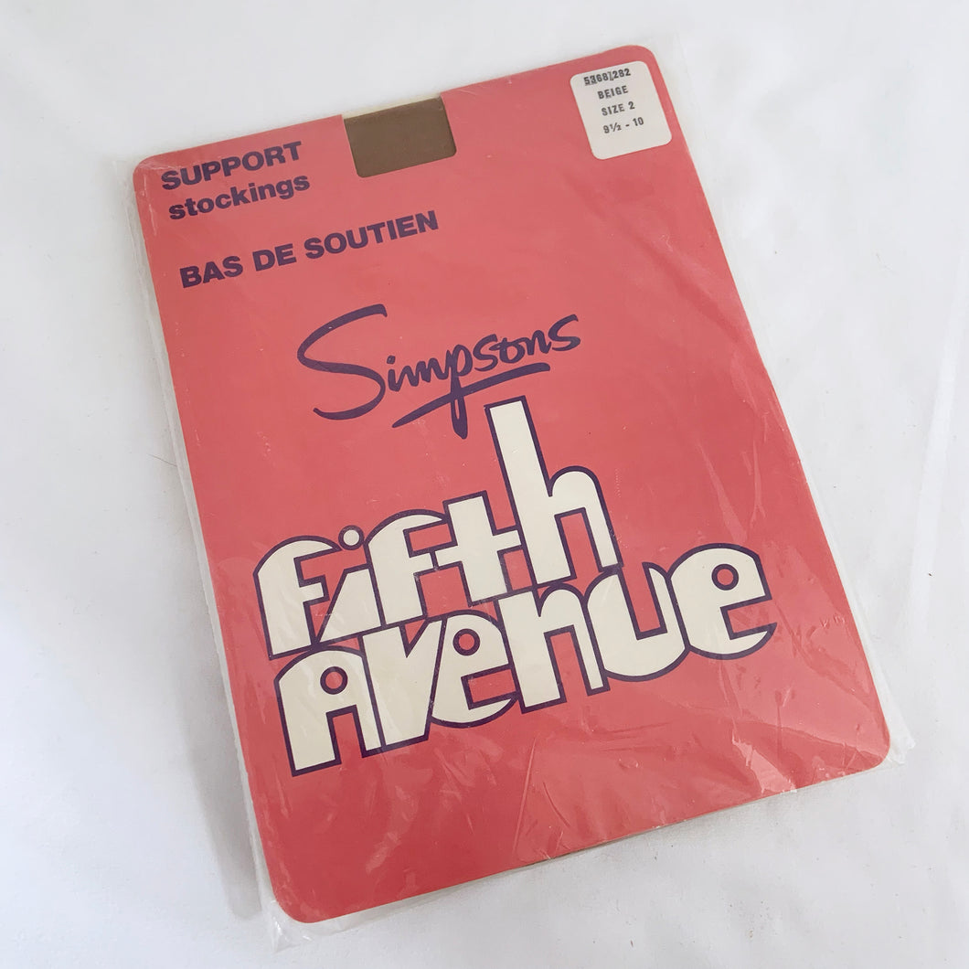 Vintage pair of 'Fifth Avenue' thigh high nylon/spandex support stockings in size 9-1/2-10. Pair with your favourite garter belt. Produced by Simpsons.   In new, never worn condition, in original package.