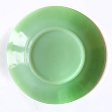 Load image into Gallery viewer, Highly collectible vintage Fire-King &quot;Jane Ray&quot; pressed glass jadeite cup and saucer. Produced by the Anchor Hocking Glass Company, USA, between 1940 - 1970. In excellent condition, free from chips/cracks/repairs. Maker&#39;s mark present on the bottom of each piece, see photos. The cup measures 2-3/8&quot; x 1-3/4&quot; and the saucer measures 4-1/8&quot;.
