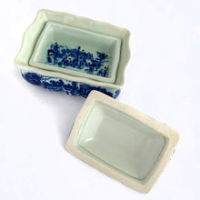 Load image into Gallery viewer, Vintage reproduction Flo Blu Ironstone three piece lidded soap dish. Marked Victoria Ware, Ironstone with a Coat of Arms. The lid and internal tray keep the soap fresh and dry. It&#39;s a lovely decorative piece for any bathroom, or repurpose as a trinket dish or even planter!  A vintage item makes a unique present!  Overall measurements are 5-1/2&quot; 4-1/4&quot; x 3-5/8&quot;
