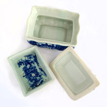 Load image into Gallery viewer, Vintage reproduction Flo Blu Ironstone three piece lidded soap dish. Marked Victoria Ware, Ironstone with a Coat of Arms. The lid and internal tray keep the soap fresh and dry. It&#39;s a lovely decorative piece for any bathroom, or repurpose as a trinket dish or even planter!  A vintage item makes a unique present!  Overall measurements are 5-1/2&quot; 4-1/4&quot; x 3-5/8&quot;
