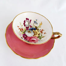 Load image into Gallery viewer, Vintage colourful floral bouquet, pink exterior with gold trim bone china teacup and saucer, Hammersley &amp; Co., England, between 1932 to 1970.  In good condition, free from chips, cracks and repairs. Minor wear.  Teacup measures 4&quot; x 2-1/8&quot;  | Saucer measures 5-5/8&quot;

