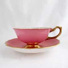 Load image into Gallery viewer, Vintage colourful floral bouquet, pink exterior with gold trim bone china teacup and saucer, Hammersley &amp; Co., England, between 1932 to 1970.  In good condition, free from chips, cracks and repairs. Minor wear.  Teacup measures 4&quot; x 2-1/8&quot;  | Saucer measures 5-5/8&quot;
