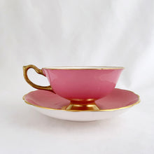 Load image into Gallery viewer, Vintage colourful floral bouquet, pink exterior with gold trim bone china teacup and saucer, Hammersley &amp; Co., England, between 1932 to 1970.  In good condition, free from chips, cracks and repairs. Minor wear.  Teacup measures 4&quot; x 2-1/8&quot;  | Saucer measures 5-5/8&quot;
