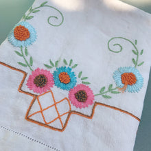 Load image into Gallery viewer, Vintage Embroidered Blue Pink Flowers Dresser Cloth on Off-White Linen
