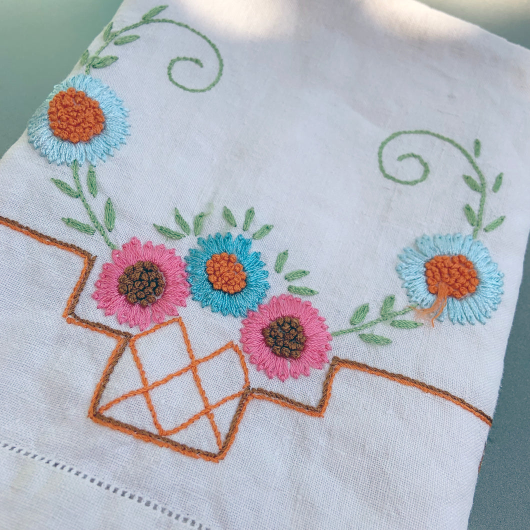 Vintage Embroidered Blue Pink Flowers Dresser Cloth on Off-White Linen