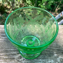 Load image into Gallery viewer, Vintage Uranium Depression Glass &quot;Floral Green&quot; Footed Candy Dish, Jeannette Glass Company, USA
