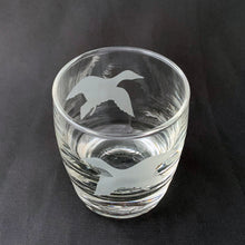 Load image into Gallery viewer, We are addicted to mid-century vintage glassware! This roly poly cocktail glass is gorgeous! Produced by the Libbey Glass Company, USA, circa 1950s. Clear glass with etched frosted ducks in flight. These glasses will look fabulous on a bar cart and even better in your guests&#39; hands saying &quot;cheers&quot;!  Measures 2 3/8 x 2 5/8 inches
