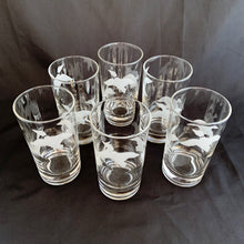 Load image into Gallery viewer, We are addicted to mid century style glasses and these highball cocktail glasses feature etched frosted ducks in flight! Crafted by the Libbey Glass Company, USA, circa 1950s. These glasses will look fabulous on a bar cart and even better in your guests&#39; hands saying &quot;cheers&quot;!  Measures 2 1/2 x 4 3/4 inches  Capacity 8 ounces
