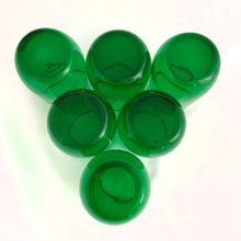 Load image into Gallery viewer, Enjoy a set of six classic vintage &quot;Roly Poly Forest Green&quot; flat juice glasses produced by the Anchor Hocking Glass Co., circa 1970s. Each glass boasts a smooth finish and capacity of 5 ounces. All glasses are in excellent condition, with no chips or cracks. Perfect for any mid-century modern style home.
