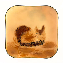 Load image into Gallery viewer, Beautiful copper enamel fox in shades of brown on a metallic gold background. Created by artist B.E. Eren in 1978 (marked on the back). Mounted on a wood back with a leather hanger.  Size: 5&quot; x 5&quot;
