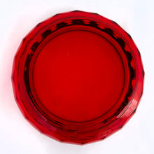 Load image into Gallery viewer, Vintage &quot;Georgian Ruby&quot; lidded pressed glass candy dish. This piece has a honeycomb detail and the lid is topped off with an egg-shaped final. Produced by Viking Glass between 1940 - 1998. Use as intended, or for bath salts/bombs as part of your bath decor. The deep ruby red colour is striking and the foot glows under black light!  In excellent condition, no chips or cracks.  Bowl measures 5-1/8&quot; x 5&quot;
