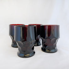 Load image into Gallery viewer, A gorgeous set of six (6) &#39;Georgian Ruby&quot; 8oz flat tumblers (retired) made by the Anchor Hocking Glass Co. These honeycomb patterned, gorgeous deep red glasses will dress up any occasion! Perfect for Christmas gift giving too!  All are in excellent condition, no chips or cracks.   Each glass measures 3 1/8&quot; x 3 7/8&quot;
