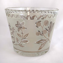 Load image into Gallery viewer, A super cool piece of mid-century history in this hollywood regency style ice bucket with silver birds and botanicals on a frosted band and silver ric rac detail at the rim. Produced by the Libbey Glass Company, USA, circa 1960s.  In excellent condition, no chips, cracks and the silver is in great condition.  Measures 4 3/4 x 5 3/4 inches
