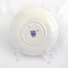 Load image into Gallery viewer, A rare vintage &quot;Glorius Devon&quot; cup and saucer. Just love the pretty blue pastoral landscape on white with scalloped shape and gold trim. Produced by Shelley in England, between 1940 - 1966.  Marked on the bottom with backstamp and the number &quot; 12734&quot;  Cup 3&quot; x 1-7/8&quot;  Saucer 4-5/8&quot;
