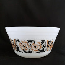 Load image into Gallery viewer, Vintage white milk glass mixing bowl decorated with gold and black flowers and leaves design. Produced by Federal Glass, circa 1960.  In excellent condition, no chips or cracks.  Measures 6&quot;x 3&quot;

