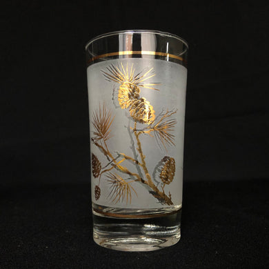 Set of six, vintage mid-century era highball glass tumblers in the Golden Pinecone pattern which features gold pine cones set against a frosted band within 2 gold bands. Crafted by Dominion Glass, Canada, circa 1960s. Add these beauties to your bar cart and craft some cocktails!

In excellent condition, no chips.

Measures 2 5/8 x 4 7/8 inches

Capacity 8 ounces