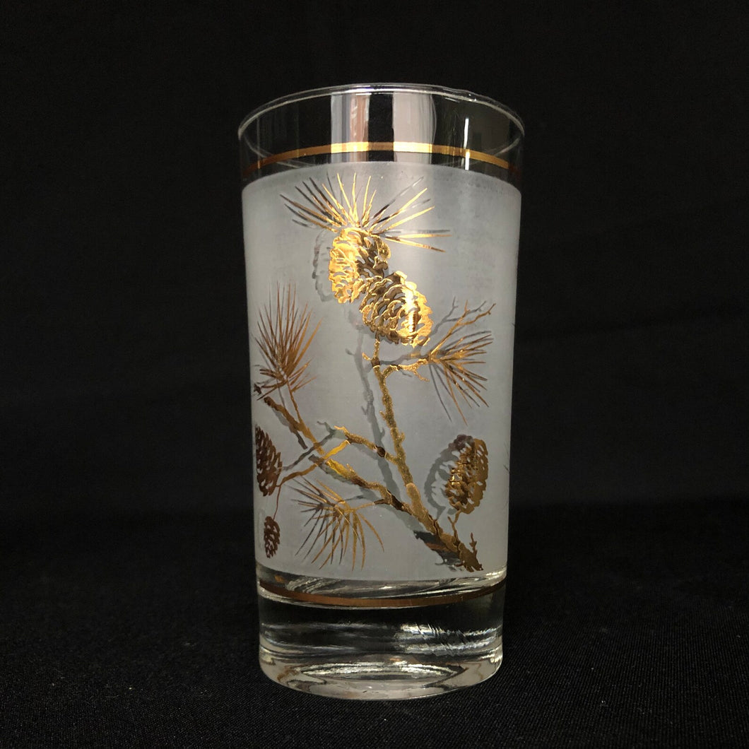 Set of six, vintage mid-century era highball glass tumblers in the Golden Pinecone pattern which features gold pine cones set against a frosted band within 2 gold bands. Crafted by Dominion Glass, Canada, circa 1960s. Add these beauties to your bar cart and craft some cocktails!

In excellent condition, no chips.

Measures 2 5/8 x 4 7/8 inches

Capacity 8 ounces