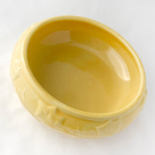 Load image into Gallery viewer, Add some golden sunshine to your decor with this gloriously yellow planter by Shawnee Pottery USA. The embossed ivy details in this planter are outstanding. Perfect for your favourite plants and succulents or repurpose as a catchall.   In good vintage condition, no cracks. Marked &quot;Shawnee USA&quot; with shape 3025 on the bottom.  Measures 8 1/4 x 3 inches
