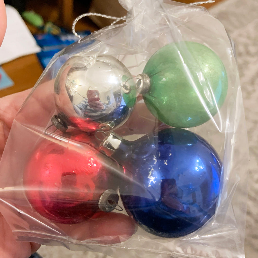 Vintage Blue, Silver, Pink and Green Glass Ball Christmas Tree Ornaments
