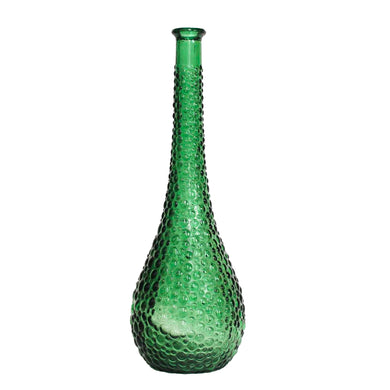 A fabulous green hobnail patterned genie bottle produced by glass artisans in the Empoli region of Italy. This superb mid-century piece of art glass would make a unique addition to your home decor collection. Perfect as a decanter, vase or decor piece. Dates between 1950 to 1970. These bottles are incredibly beautiful and highly collectible.  In excellent vintage condition, no chips or cracks. Marked 'Made in Italy'.  Measures 4 3/4 x 15 1/2 inches