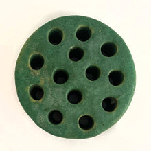 Load image into Gallery viewer, Vintage green ceramic flower frog with thirteen holes. Make a beautiful flower arrangement easy with one of these!  In good vintage condition with chipping to the bottom.  Measures 3 5/8 x 1 1/4 inches
